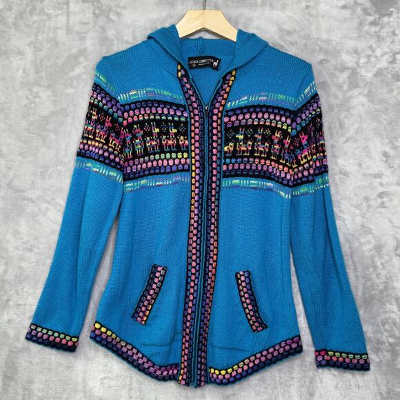 Alpaca Connection Sweater Womens Medium Blue Hooded Zip Llama Knit Cardigan - Picture 1 of 10